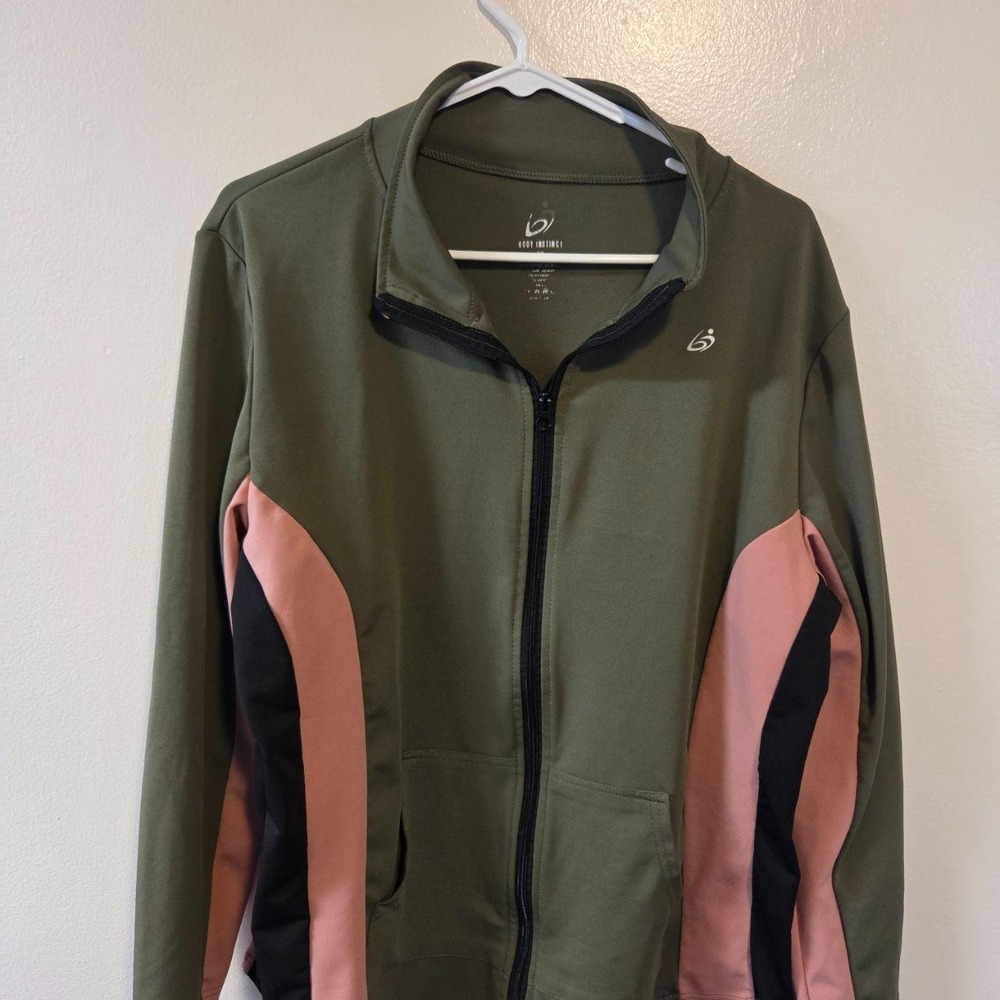 Body Instinct Womens 3X Track Jacket Olive Green Pink Full Zip Athletic Workout